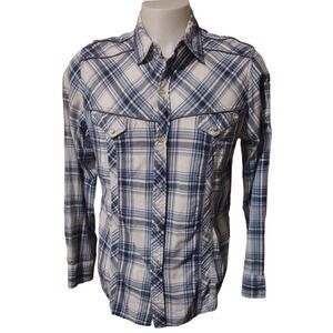 Western Pearl Snap Shirt Pop Icon Clothing Buckle Blue White Plaid Cowboy XL Y2K